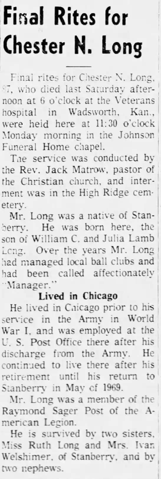Chester Long Obit in Headlight Feb 13, 1975  